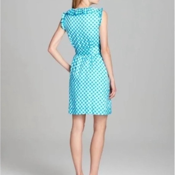 Kate Spade Blue Gingham Ruffle Tie Waist Lined Silk Designer Slimming Dress Sz 4 - Picture 2 of 11
